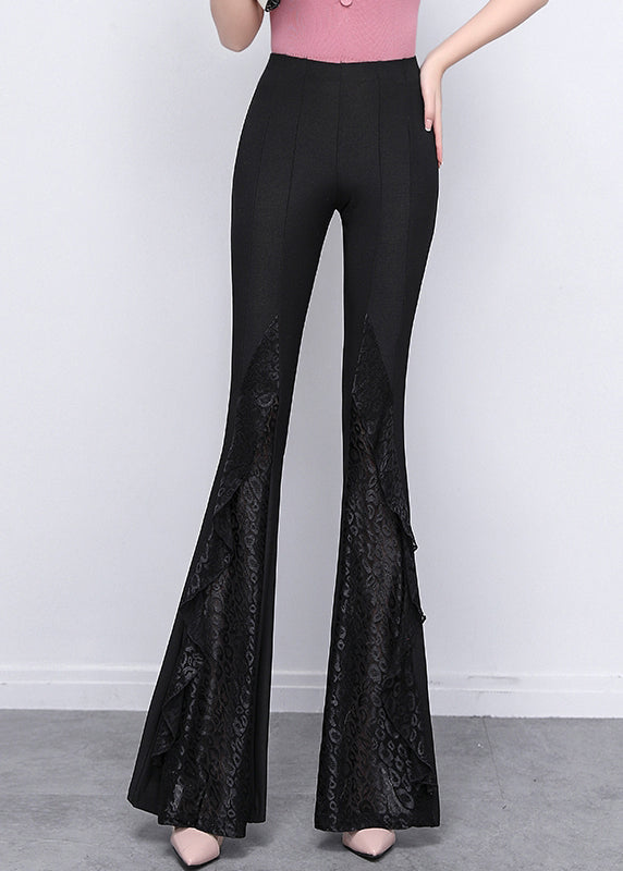 Italian Black Patchwork Lace Tummy Control Spandex Flared Trousers Spring YP040