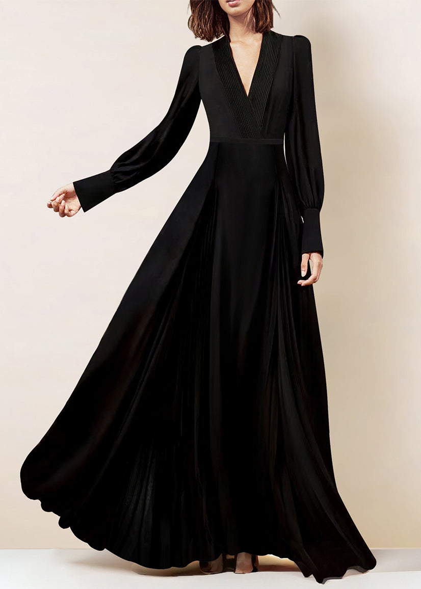 Robe longue en mousseline de soie noire italienne à col en V et à fermeture éclair Automne AM1028