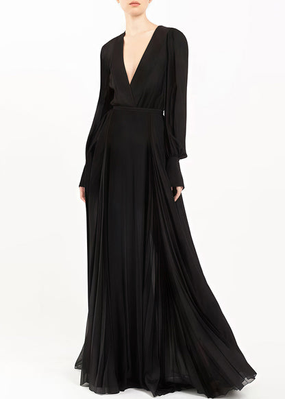 Italian Black V Neck Wrinkled Zippered Chiffon Maxi Dresses Fall AM1028