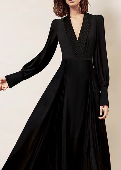 Italian Black V Neck Wrinkled Zippered Chiffon Maxi Dresses Fall AM1028