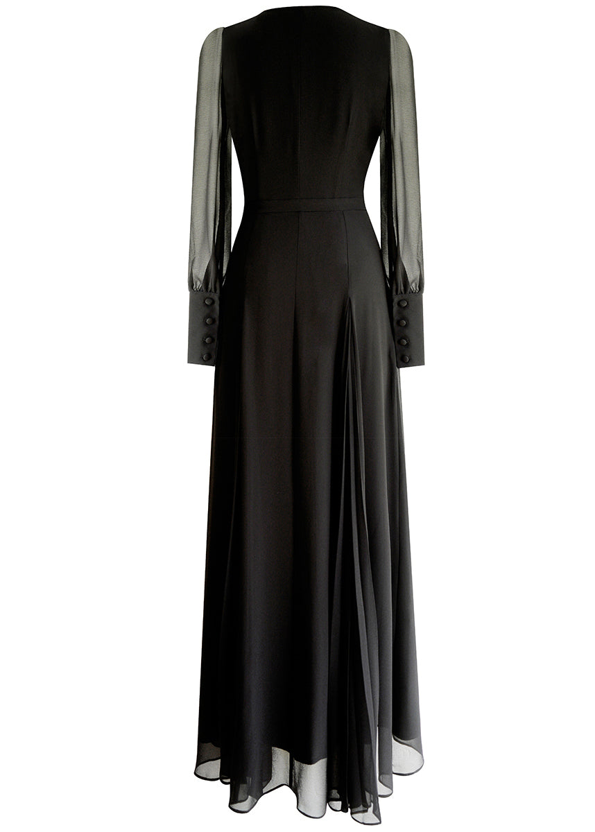 Robe longue en mousseline de soie noire italienne à col en V et à fermeture éclair Automne AM1028