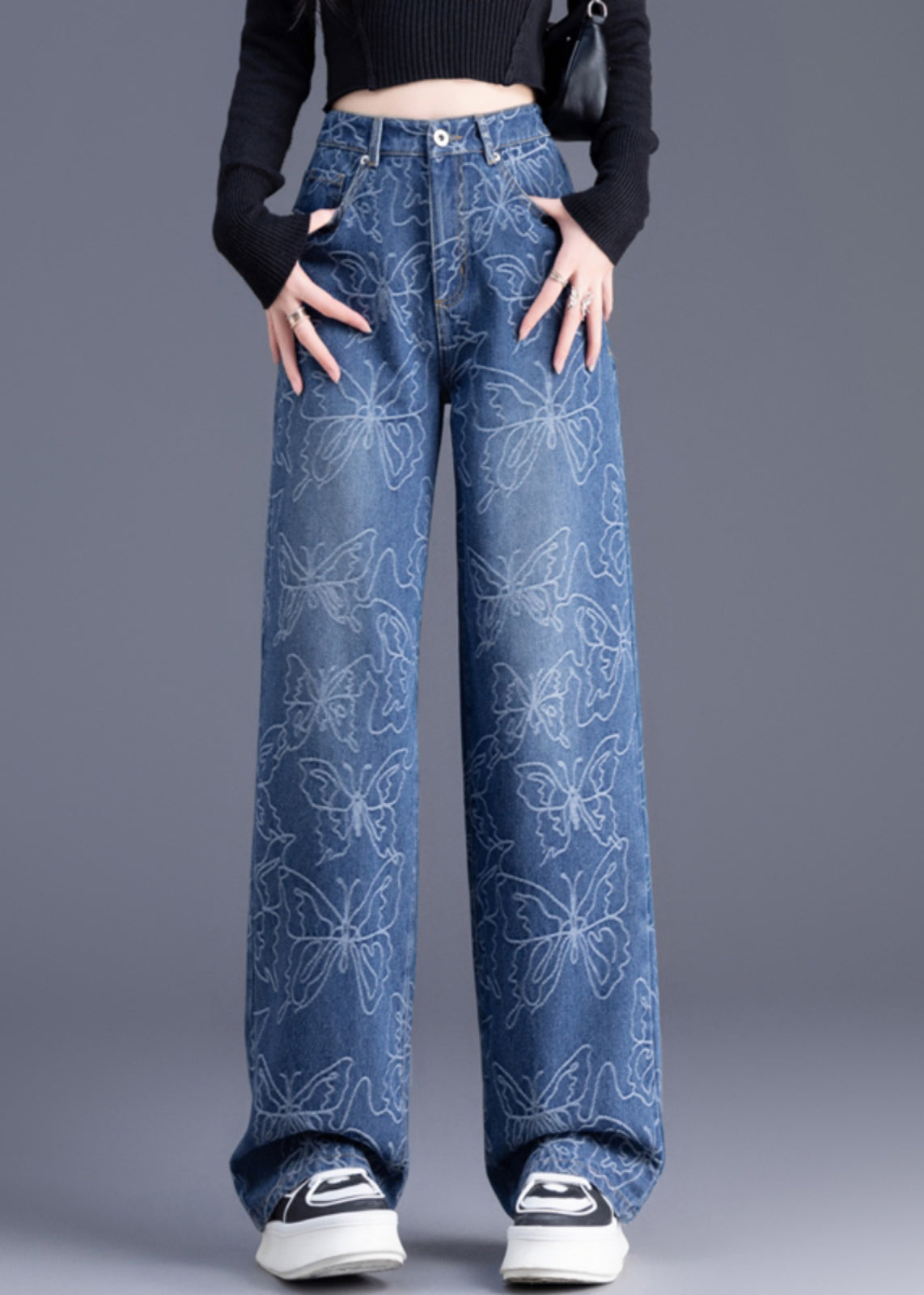 Trousers Denim Pants Waist Italian Blue High Straight Print