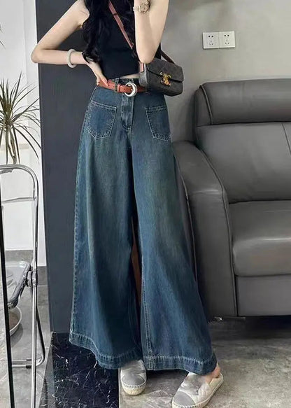 Italian Blue Pockets High Waist Denim Wide Leg Pants Spring Ada Fashion