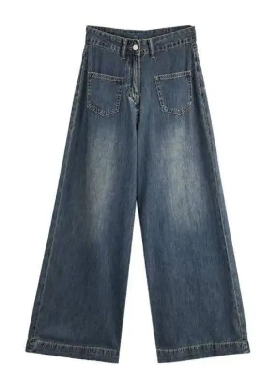 Italian Blue Pockets High Waist Denim Wide Leg Pants Spring Ada Fashion