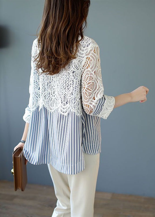 Italian Blue Striped Lace Patchwork Cotton Shirt Spring RL016