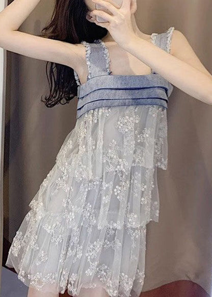 Italian Blue Tulle Patchwork Mid Dress Sleeveless ZL036