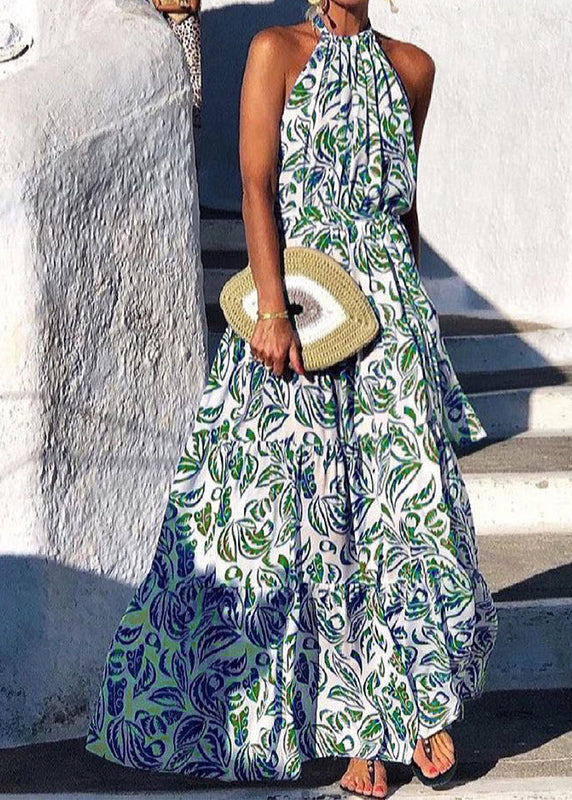 Robe dos nu en coton imprimé vert italien, été TL005