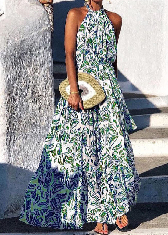 Robe dos nu en coton imprimé vert italien, été TL005