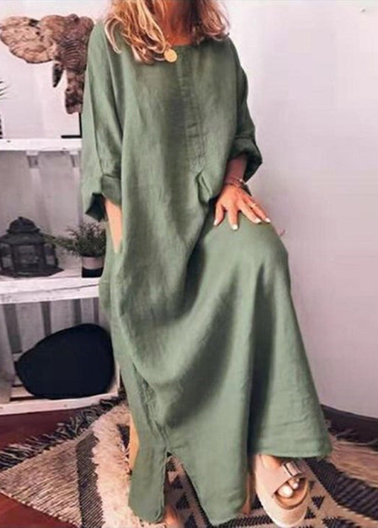 Robe longue en coton vert italien avec poches à col rond Automne QR013