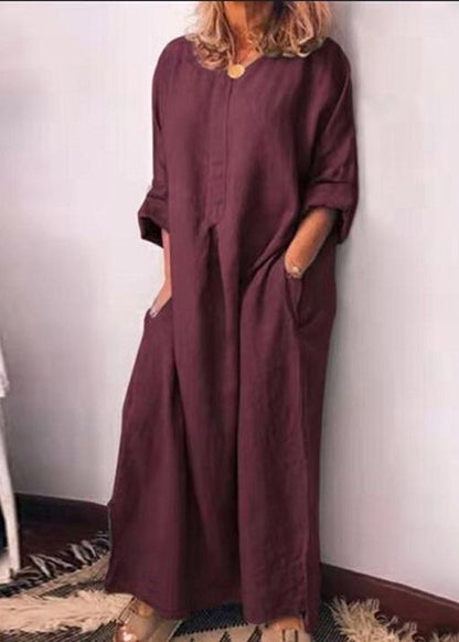 Italian Green O Neck Pockets Cotton Long Dress Fall QR013