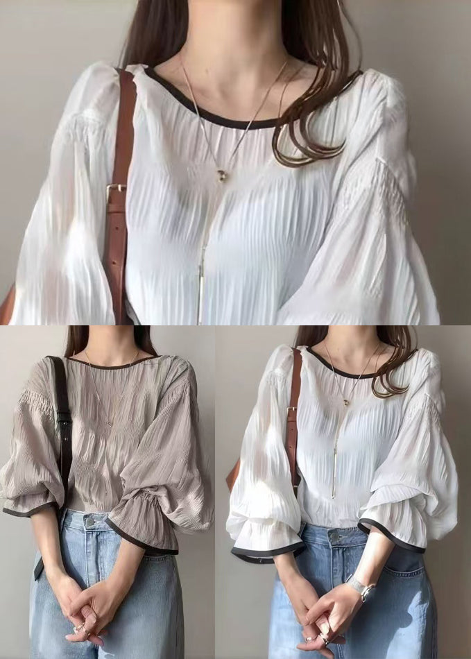 Tops Grey Chiffon Wrinkled Puff Oversized Sleeve Italian