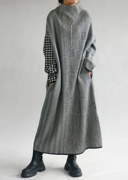 Italian Grey Plaid Hign Neck Patchwork Long Knit Dress Fall WE018