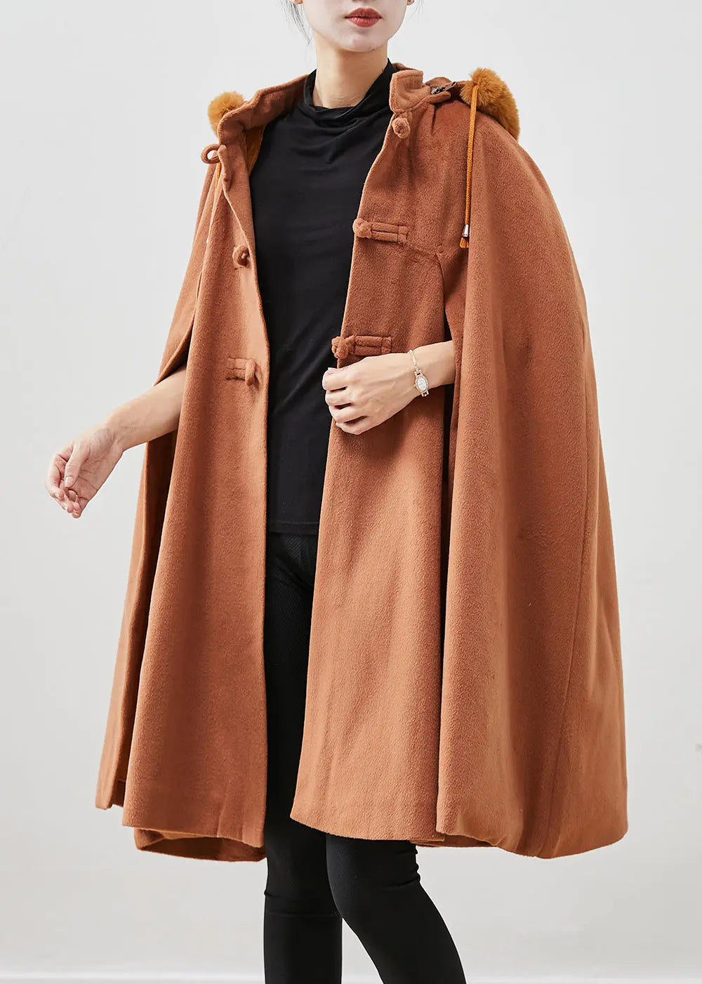 Italian Khaki Fur Collar Oversized Warm Fleece Coat Cloak Sleeves Ada Fashion