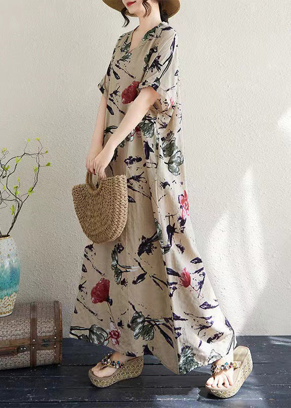 Print Italian Khaki Dresses Summer Oversized Cotton