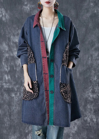 Italian Navy Oversized Patchwork Denim Ripped Trench Fall Ada Fashion