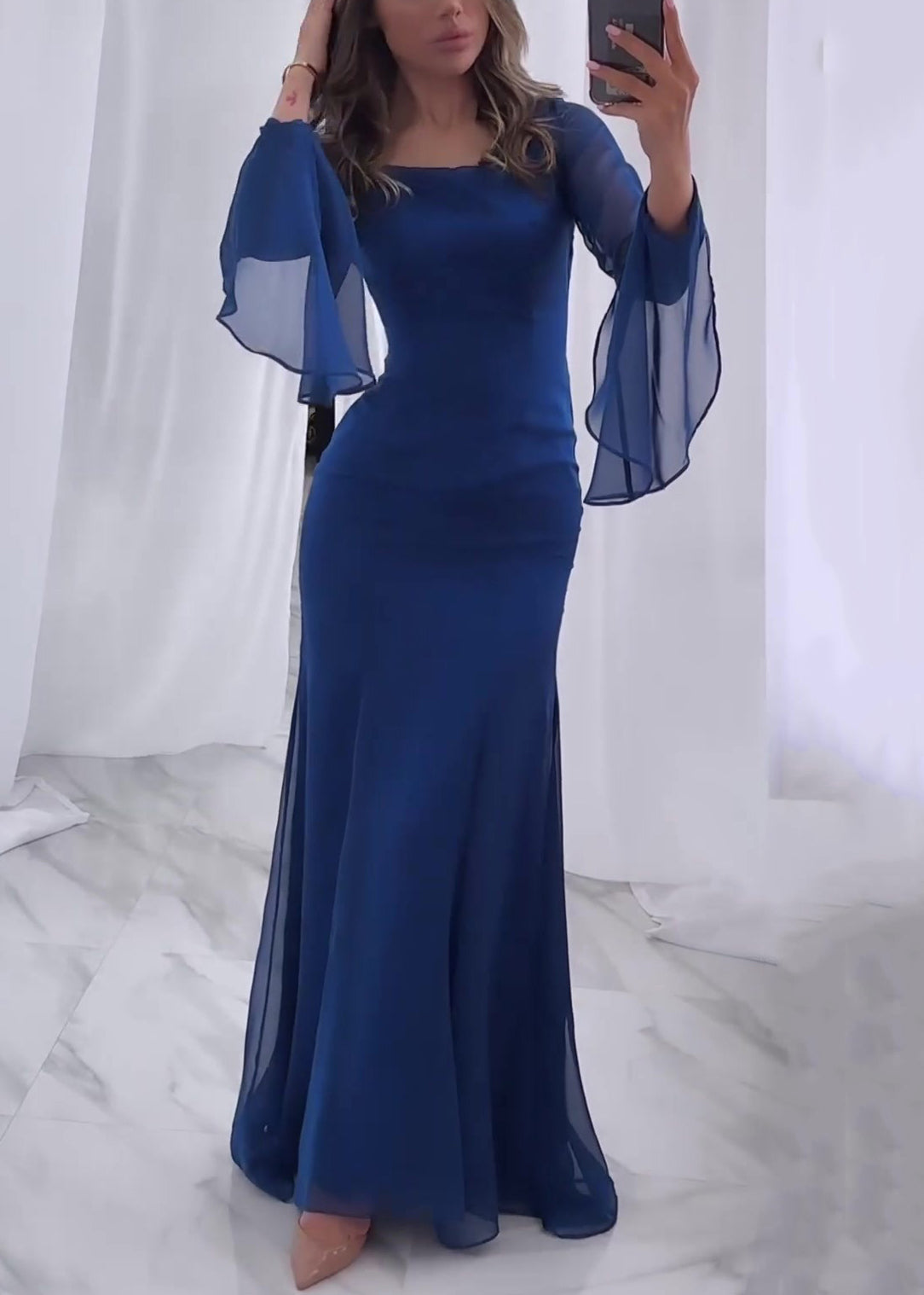 Italian Navy Square Collar Chiffon Dress Butterfly Sleeve QL033