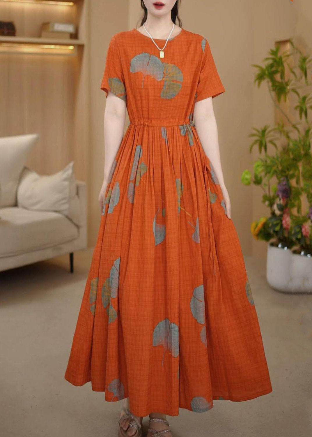 Kleider Maxi Sommer Italienisch Cinched Orange Baumwolle Print