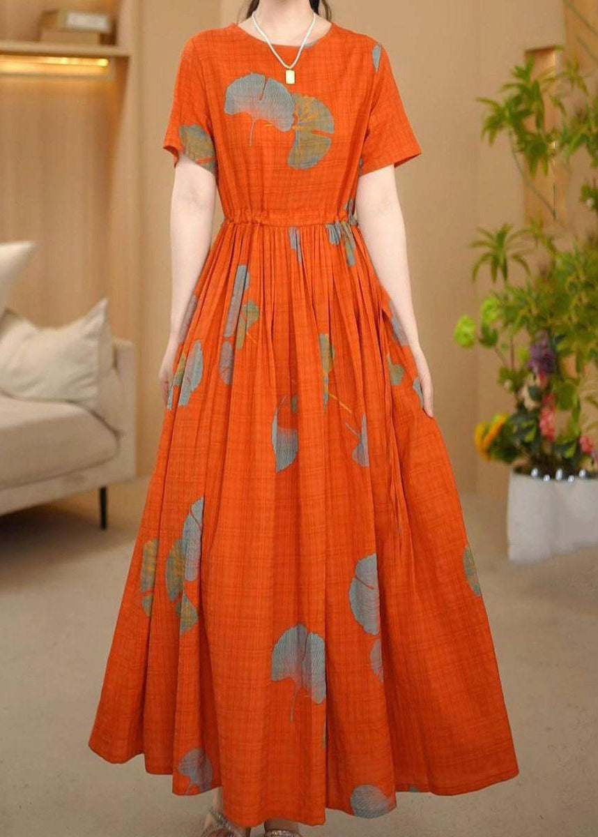 Kleider Maxi Sommer Italienisch Cinched Orange Baumwolle Print
