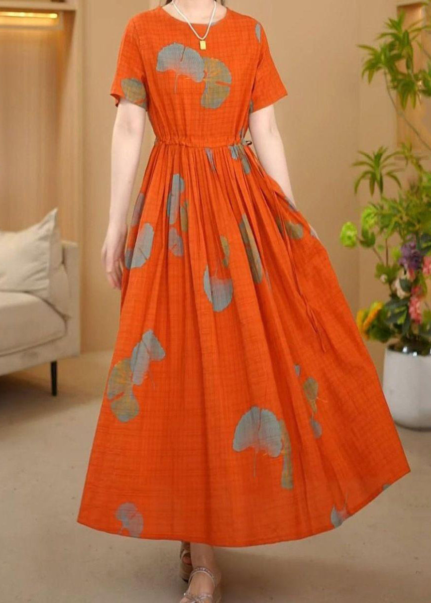 Kleider Maxi Sommer Italienisch Cinched Orange Baumwolle Print