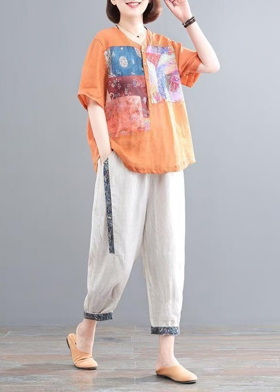 Linen Summer Print Set Two Italian Pieces Oversized Orange