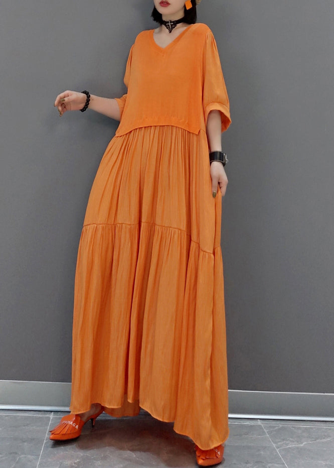 Robe longue de vacances patchwork orange à col en V italienne d'été VB1002