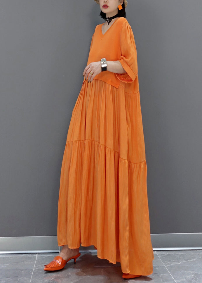 Robe longue de vacances patchwork orange à col en V italienne d'été VB1002