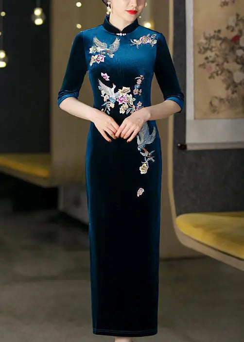 Italian Peacock Blue Stand Collar Embroidered Silk Velour Dresses Half Sleeve Ada Fashion