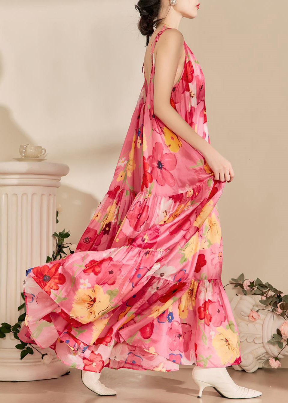 Robe dos nu à bretelles spaghetti en coton imprimé rose italien sans manches XX092