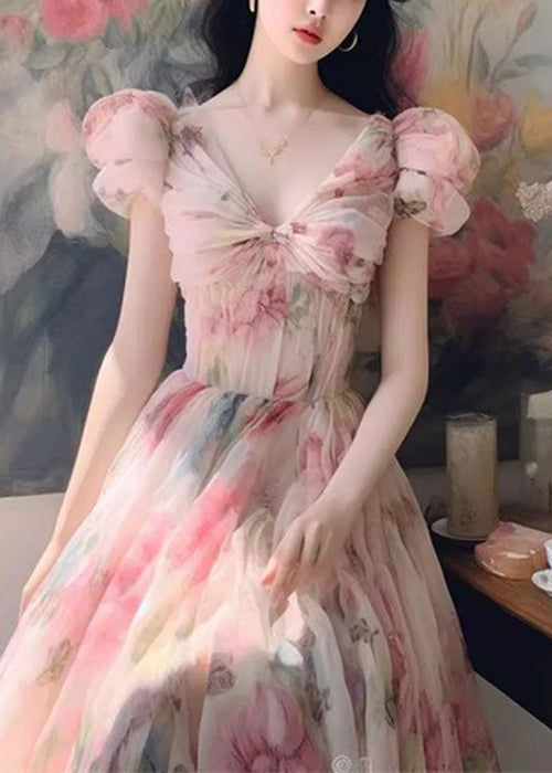 Robe longue en mousseline de soie à imprimé rose italien à col en V pour l'été XX069