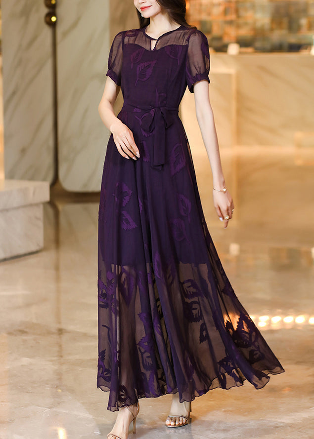 Robe longue en mousseline de soie brodée violette italienne à lacets pour l'été XX073