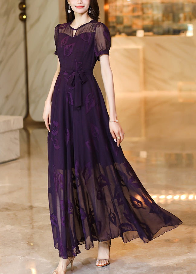 Robe longue en mousseline de soie brodée violette italienne à lacets pour l'été XX073