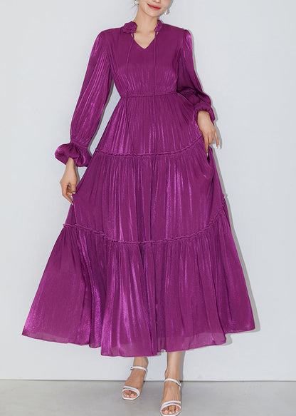 Italian Purple Ruffled Elastic Waist Silk Long Dresses Butterfly Sleeve AM1005