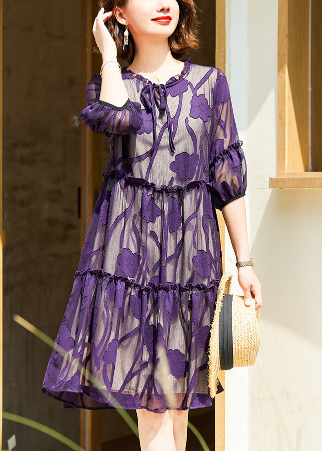 Robe en mousseline de soie à lacets et volants violets italiens à demi-manches OP1011