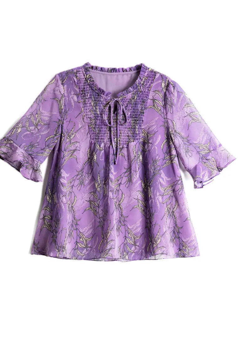 Italian Purple Ruffled Print Chiffon Blouses Summer Ada Fashion