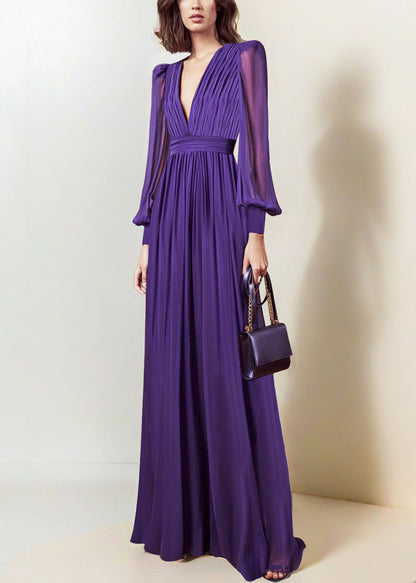 Italian Purple V Neck Wrinkled Chiffon Maxi Dresses Fall QR042