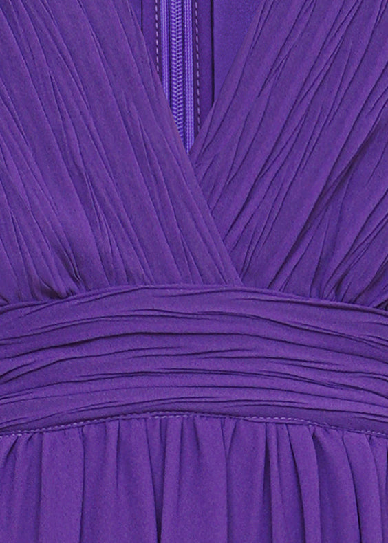 Robe longue en mousseline de soie froissée à col en V violet italien Automne QR042