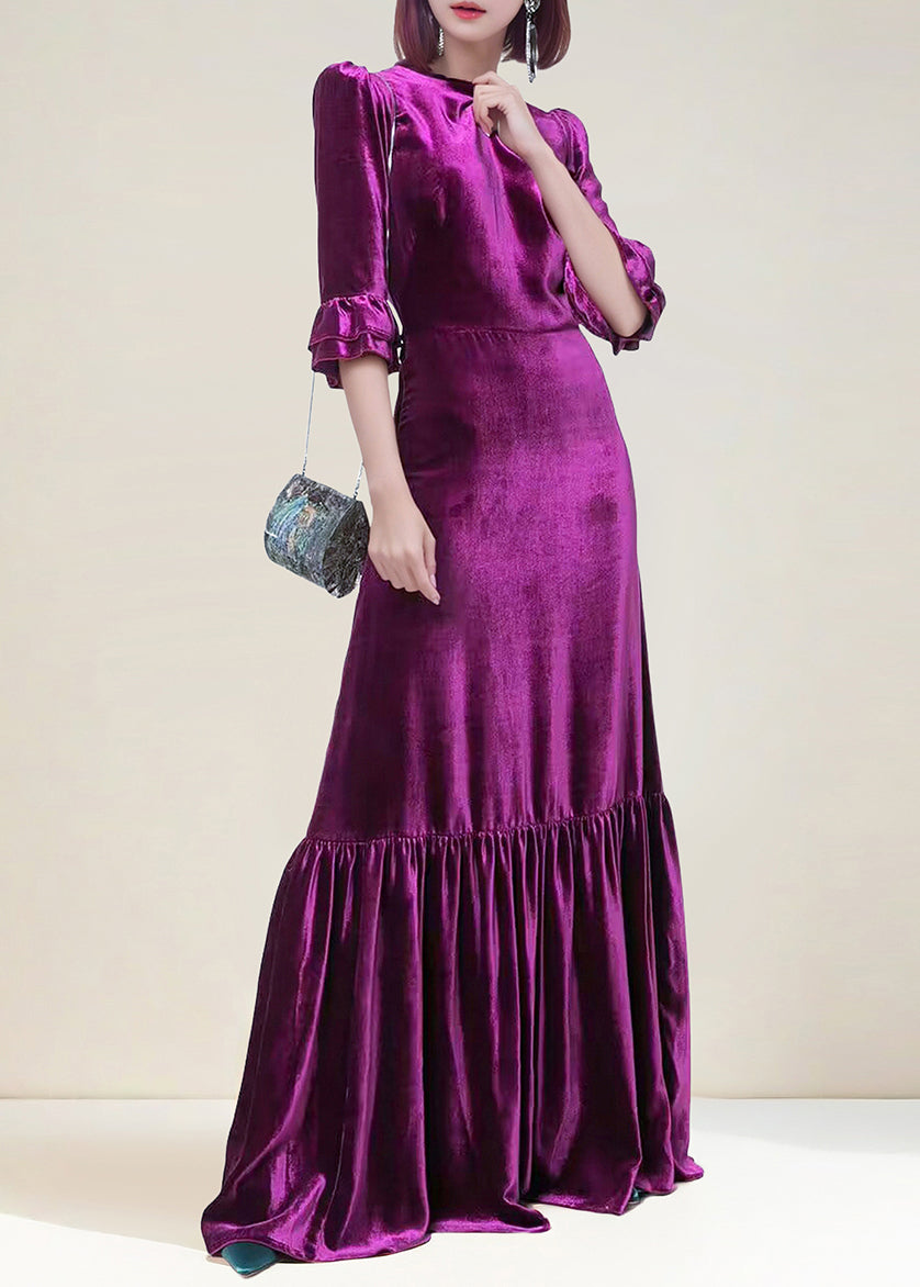 Robe longue en velours froissé violet italien à fermeture éclair et manches papillon AM1036