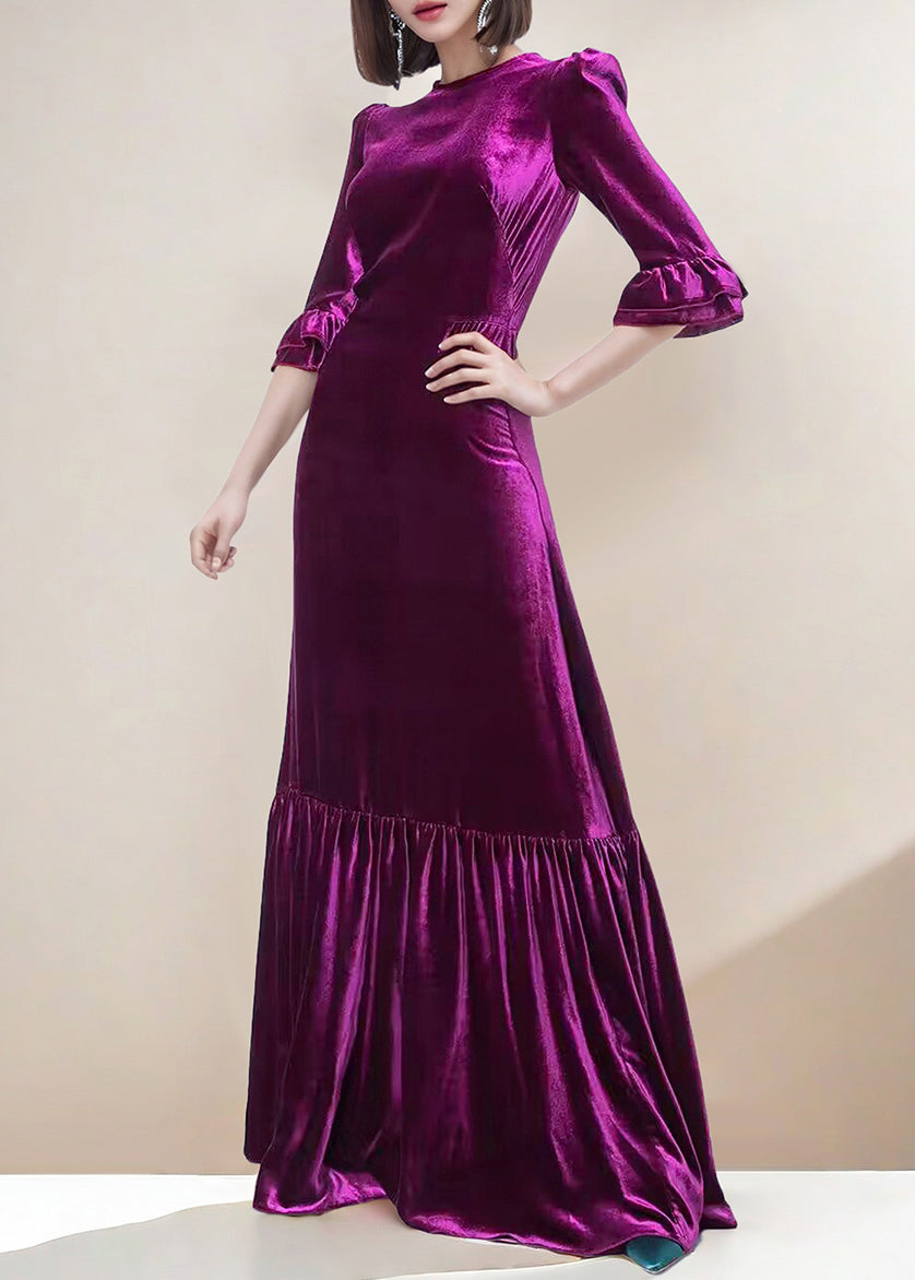 Robe longue en velours froissé violet italien à fermeture éclair et manches papillon AM1036