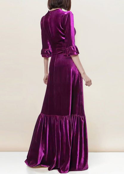 Italian Purple Zippered Wrinkled Velour Long Dress Butterfly Sleeve AM1036