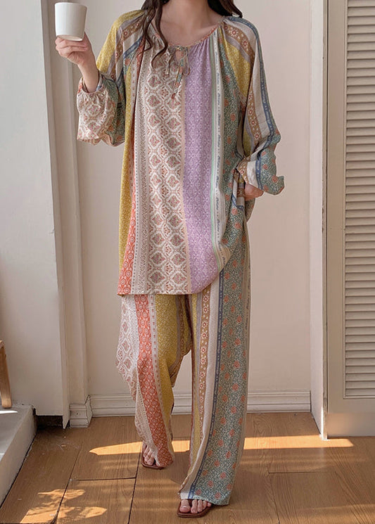 Italian Rainbow Print Lace Tie Silk Velvet Two Pieces Set Spring XS1032