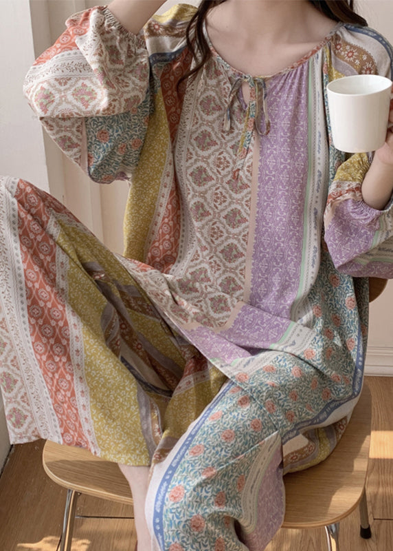 Italian Rainbow Print Lace Tie Silk Velvet Two Pieces Set Spring XS1032