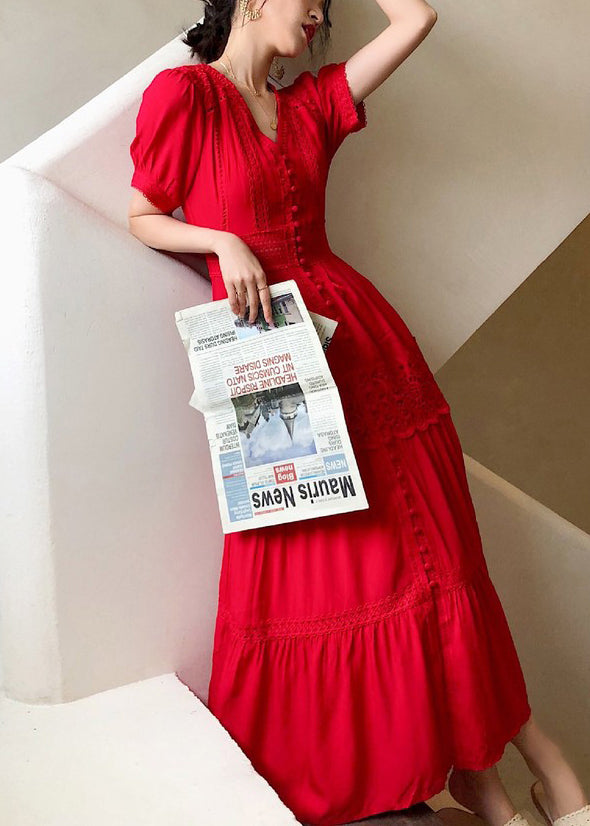 Hollow Lace Summer Dress Cotton Red Italian Shirts Out Button