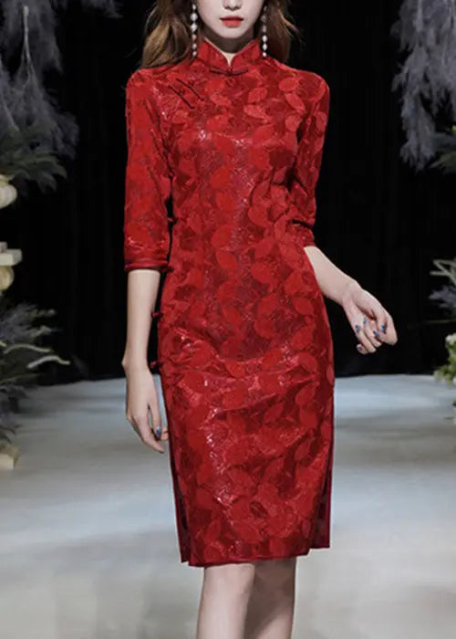 Italian Red Button Side Open Patchwork Lace Dress Bracelet Sleeve Ada Fashion
