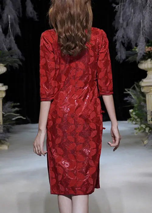 Italian Red Button Side Open Patchwork Lace Dress Bracelet Sleeve Ada Fashion