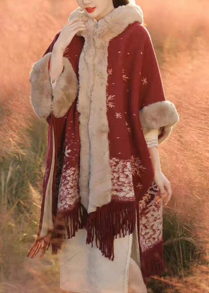 Italian Red Tassel Print Fur Collar Warm Fleece Cape Winter WO020