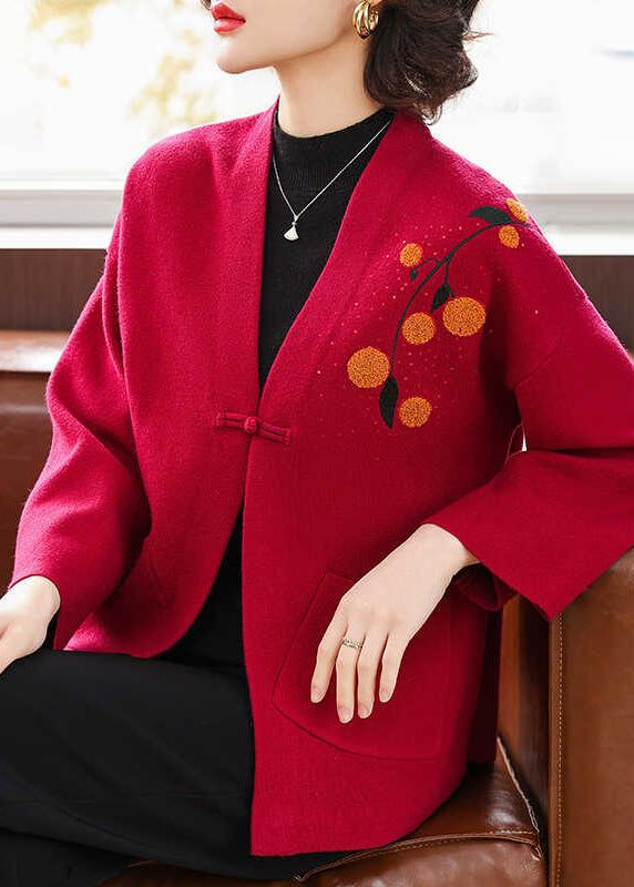 Italian Red V Neck Pockets Cotton Knit Cardigans Bracelet Sleeve TA021