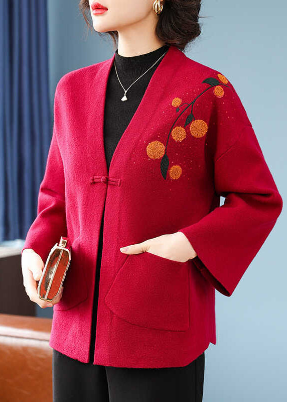 Italian Red V Neck Pockets Cotton Knit Cardigans Bracelet Sleeve TA021