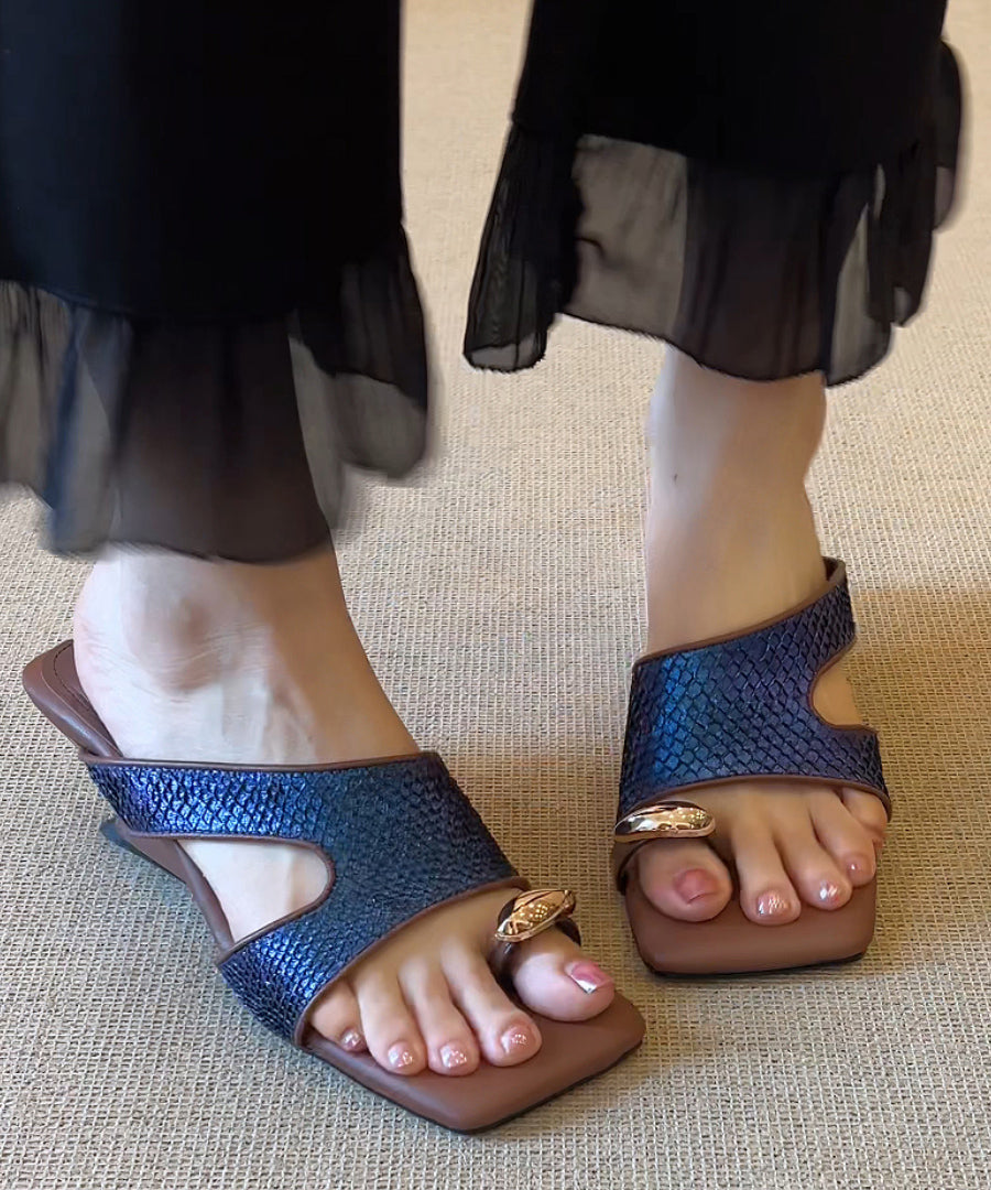 Leather Italian Toe Peep Silver Faux Sandals Wedge Slide