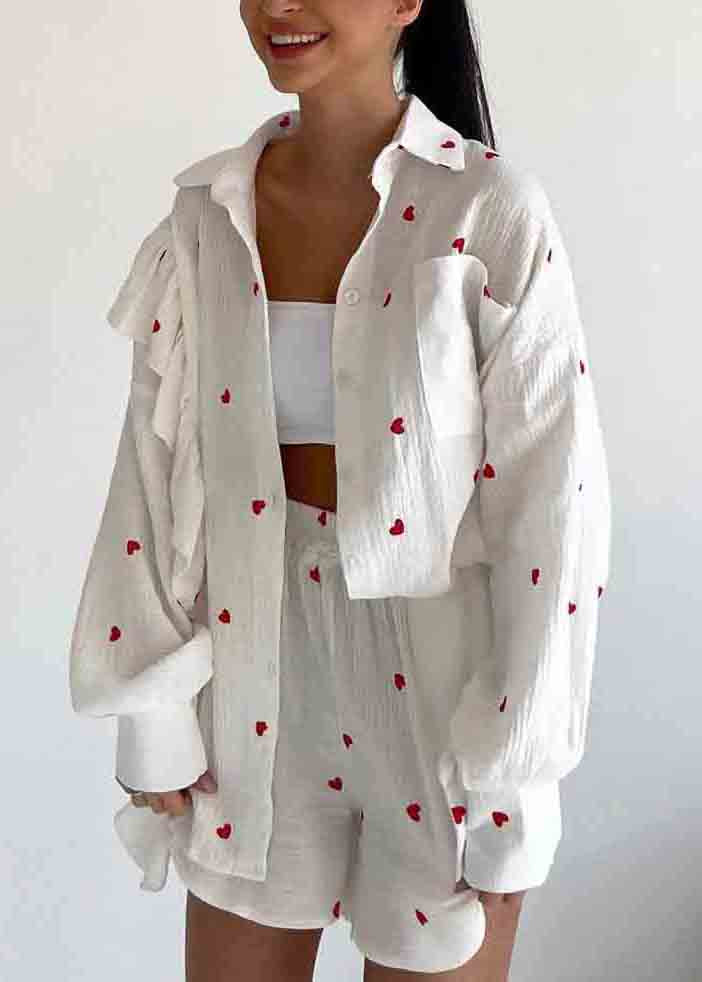 Pajamas Set White Pieces Love Italian Ruffled Cotton Two Print