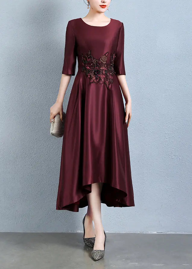 Italian Wine Red Embroidered Pockets Patchwork Silk Dress Half Sleeve Ada Fashion
